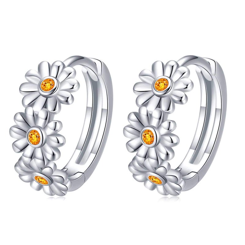 Cuoka 925 Sterling Silver Daisy Small Hoops Earrings, Hypoallergenic Huggie Earrings for Sensitive Ears, Daisy Sunflower Jewelry Mother Day Birthday Present for Women - Image 1
